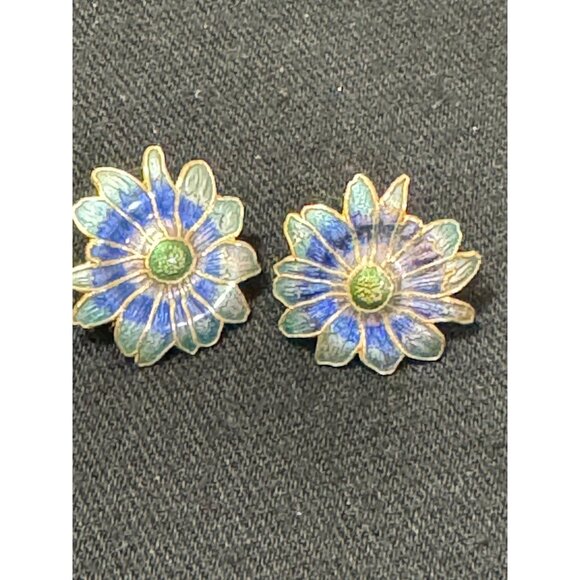 Vintage Floral Enamel  Earrings Blue & Green Flower Design Gold-Tone - Picture 2 of 5